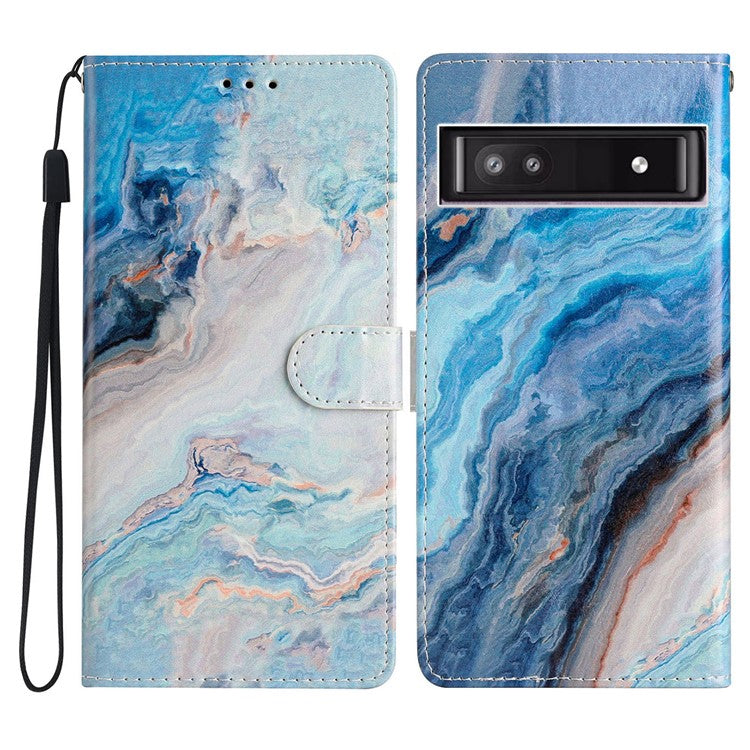 For Google Pixel 9a Wallet Case PU Leather Pattern Printing Stand Phone Cover with Strap - Blue Marble