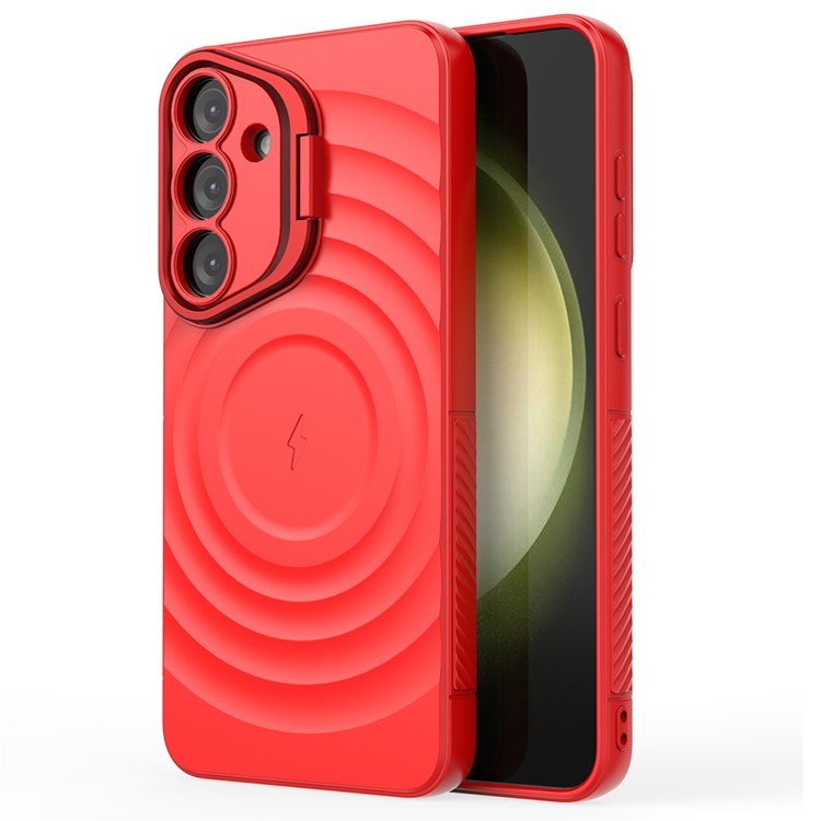 For Samsung Galaxy S25 Case Compatible with MagSafe PC Kickstand Ripple Texture TPU Phone Cover - Red