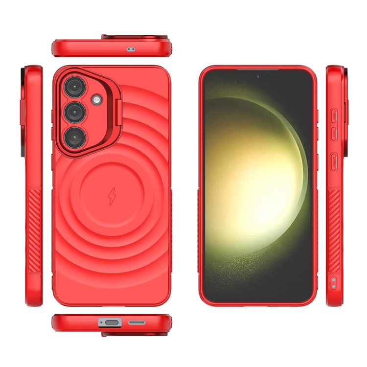 For Samsung Galaxy S25 Case Compatible with MagSafe PC Kickstand Ripple Texture TPU Phone Cover - Red