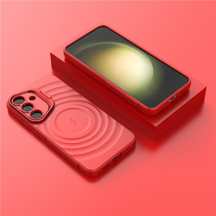 For Samsung Galaxy S25 Case Compatible with MagSafe PC Kickstand Ripple Texture TPU Phone Cover - Red