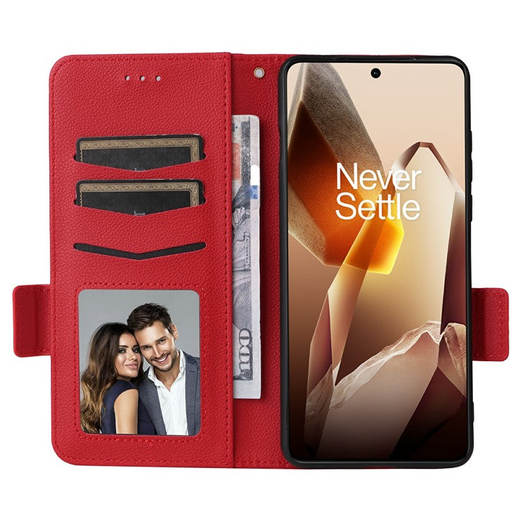 For OnePlus 13 Case Litchi Texture PU Leather Wallet Flip Phone Cover - Red