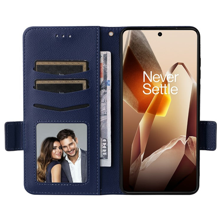 For OnePlus 13 Case Litchi Texture PU Leather Wallet Flip Phone Cover - Dark Blue