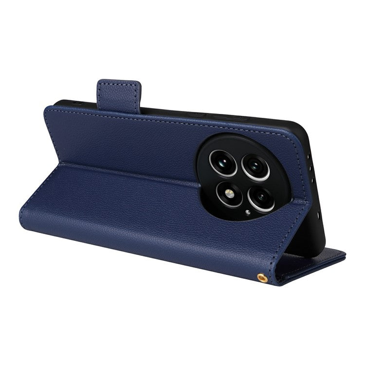 For OnePlus 13 Case Litchi Texture PU Leather Wallet Flip Phone Cover - Dark Blue