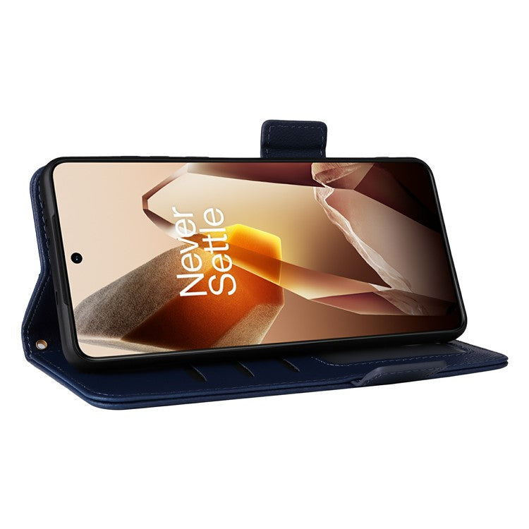 For OnePlus 13 Case Litchi Texture PU Leather Wallet Flip Phone Cover - Dark Blue