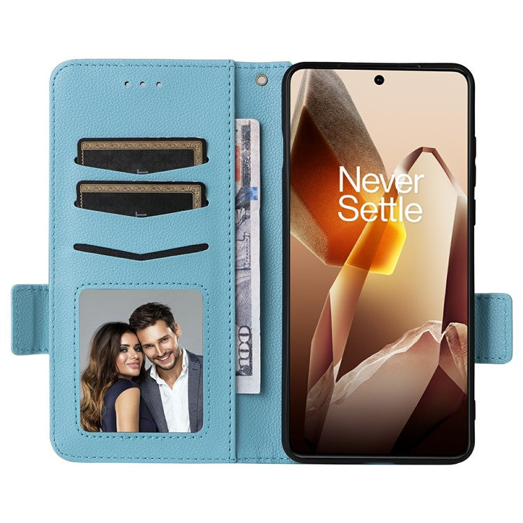 For OnePlus 13 Case Litchi Texture PU Leather Wallet Flip Phone Cover - Baby Blue