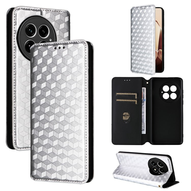 For OnePlus 13 Wallet Case Rhombus Imprinted Leather Phone Cover - Silver