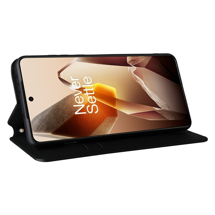 For OnePlus 13 Wallet Case Rhombus Imprinted Leather Phone Cover - Black