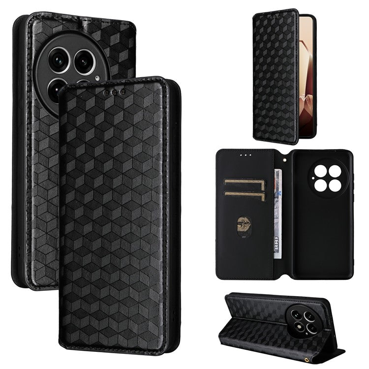 For OnePlus 13 Wallet Case Rhombus Imprinted Leather Phone Cover - Black