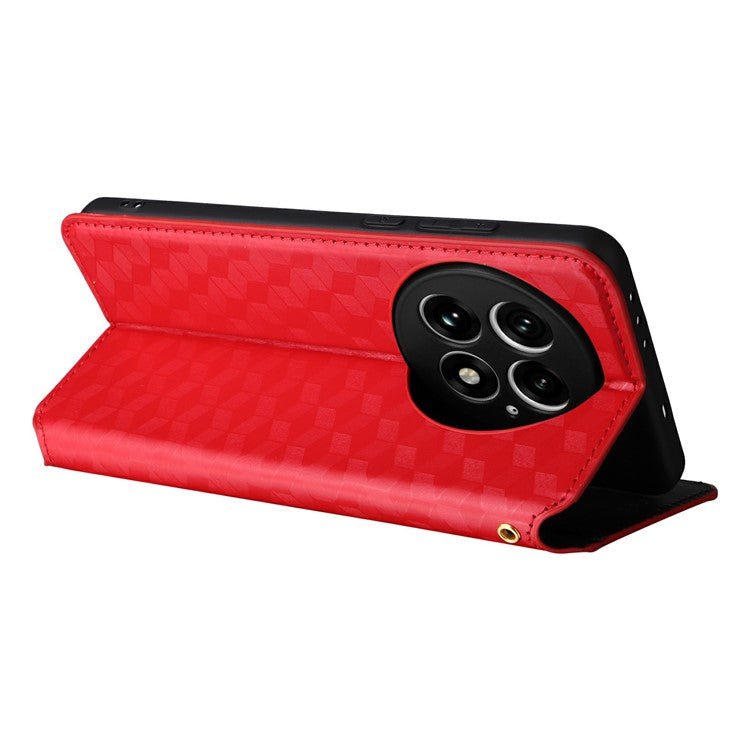 For OnePlus 13 Wallet Case Rhombus Imprinted Leather Phone Cover - Red