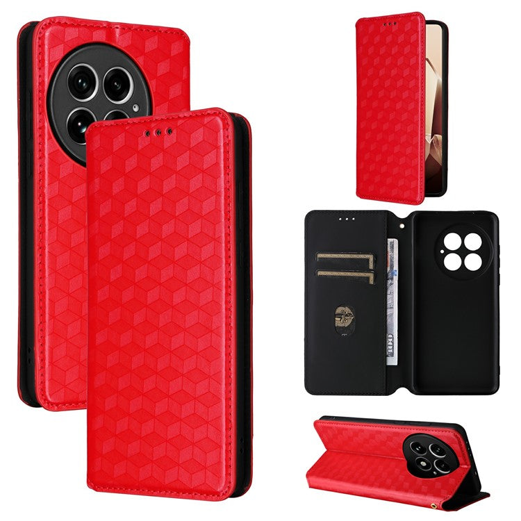 For OnePlus 13 Wallet Case Rhombus Imprinted Leather Phone Cover - Red