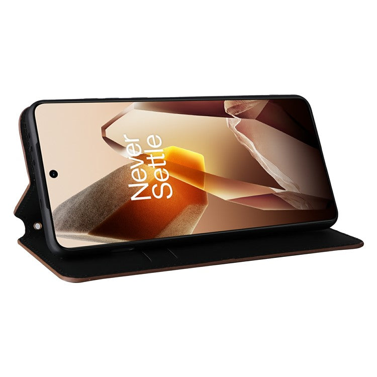 For OnePlus 13 Wallet Case Rhombus Imprinted Leather Phone Cover - Brown