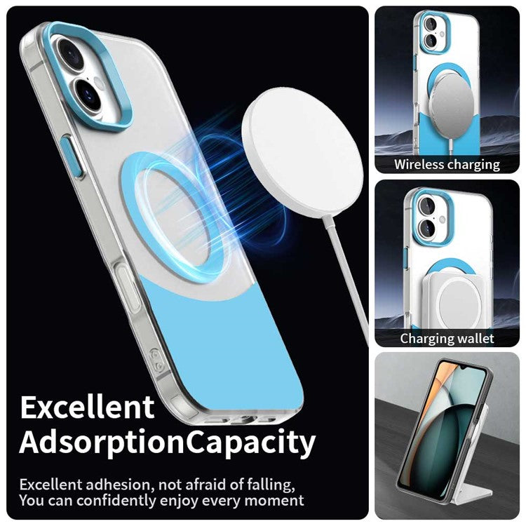 For iPhone 16 Plus Case Compatible with MagSafe Color Splicing IMD TPU+PET+PC Mobile Cover - Blue