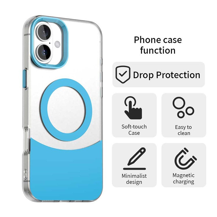 For iPhone 16 Plus Case Compatible with MagSafe Color Splicing IMD TPU+PET+PC Mobile Cover - Blue