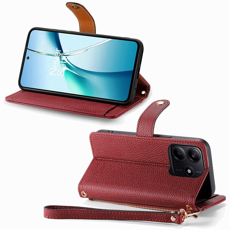 For Xiaomi Redmi Note 14 5G Case RFID Blocking Zipper Pocket Leather Wallet Phone Cover - Red