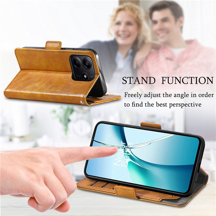 CASENEO 002 Series For Xiaomi Redmi Note 14 5G Case Stand Wallet Splicing PU Leather Cover - Light Brown