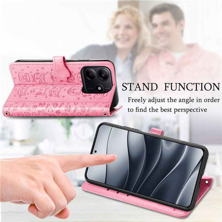 For Xiaomi Redmi Note 14 5G Case Leather Wallet Flip Phone Cover Cute Cat Dog Pattern - Pink