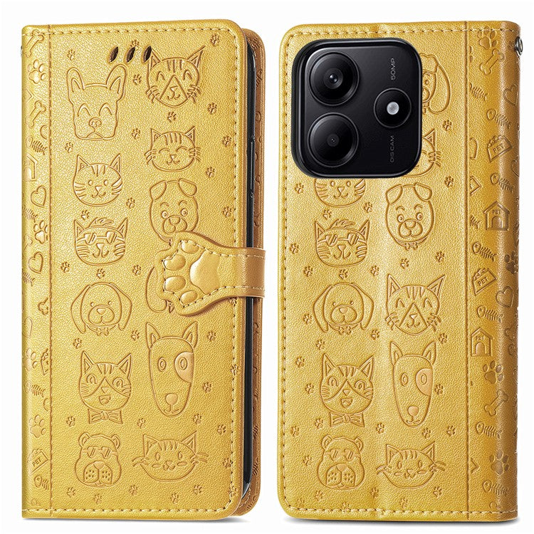 For Xiaomi Redmi Note 14 5G Case Leather Wallet Flip Phone Cover Cute Cat Dog Pattern - Yellow