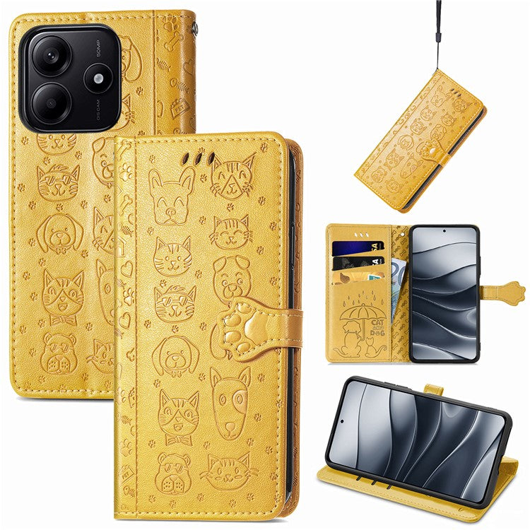 For Xiaomi Redmi Note 14 5G Case Leather Wallet Flip Phone Cover Cute Cat Dog Pattern - Yellow