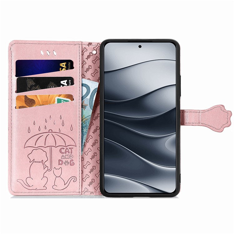 For Xiaomi Redmi Note 14 5G Case Leather Wallet Flip Phone Cover Cute Cat Dog Pattern - Rose Gold