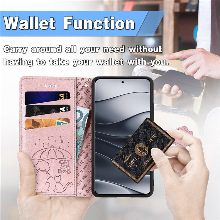 For Xiaomi Redmi Note 14 5G Case Leather Wallet Flip Phone Cover Cute Cat Dog Pattern - Rose Gold