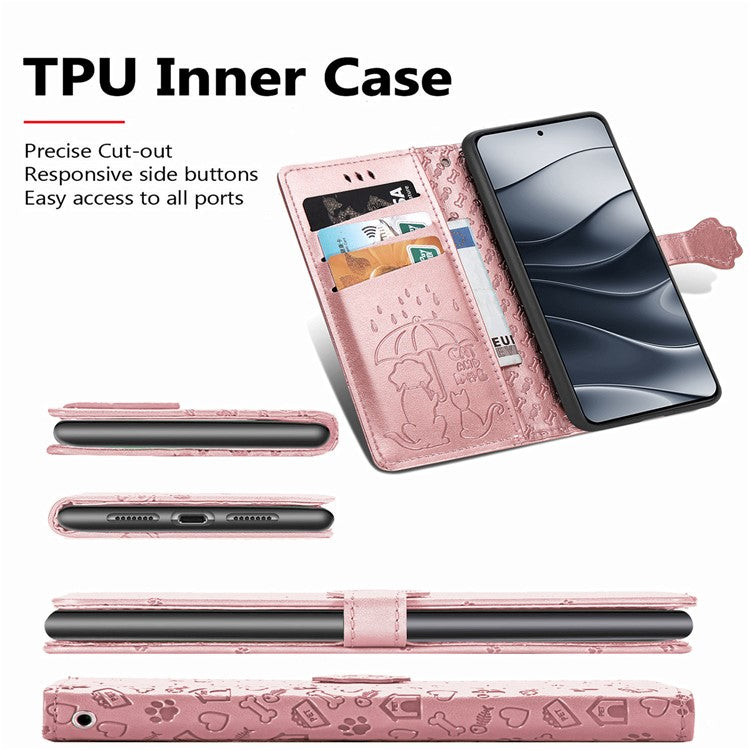 For Xiaomi Redmi Note 14 5G Case Leather Wallet Flip Phone Cover Cute Cat Dog Pattern - Rose Gold