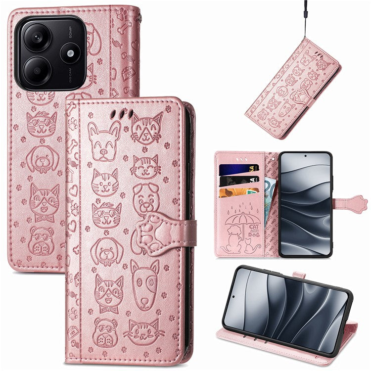 For Xiaomi Redmi Note 14 5G Case Leather Wallet Flip Phone Cover Cute Cat Dog Pattern - Rose Gold