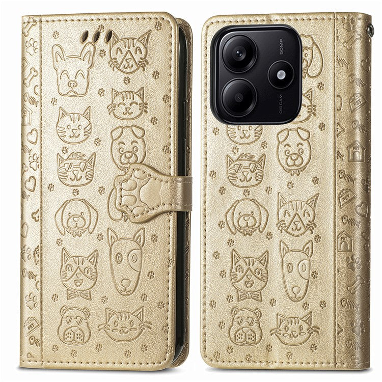 For Xiaomi Redmi Note 14 5G Case Leather Wallet Flip Phone Cover Cute Cat Dog Pattern - Gold