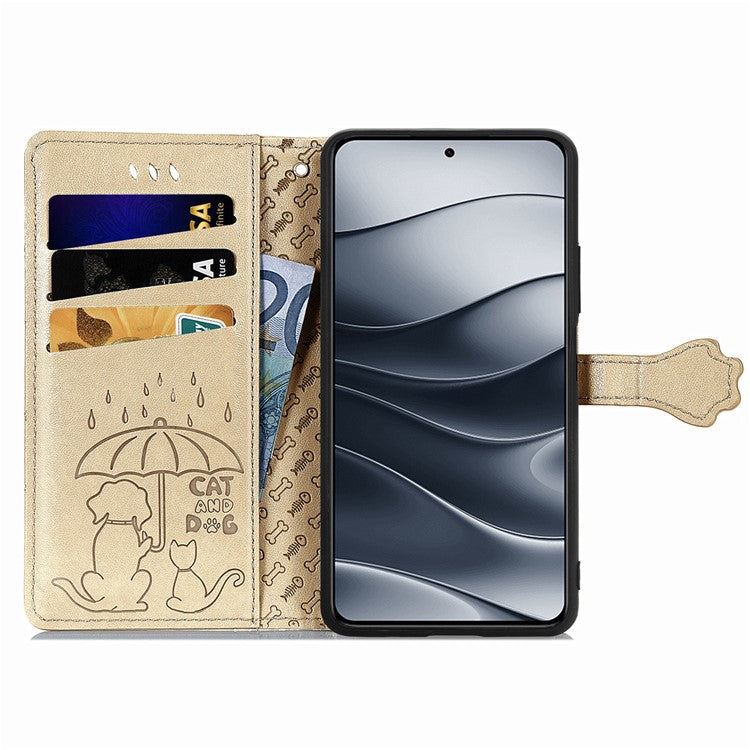 For Xiaomi Redmi Note 14 5G Case Leather Wallet Flip Phone Cover Cute Cat Dog Pattern - Gold