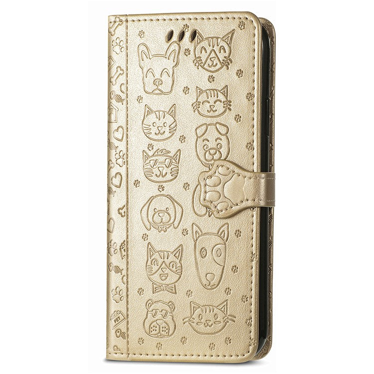 For Xiaomi Redmi Note 14 5G Case Leather Wallet Flip Phone Cover Cute Cat Dog Pattern - Gold