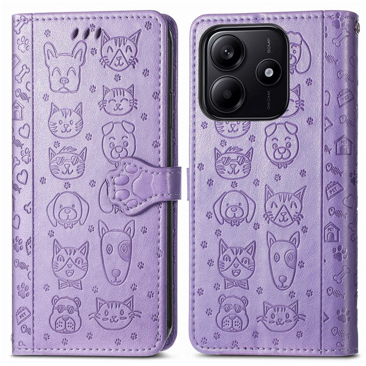 For Xiaomi Redmi Note 14 5G Case Leather Wallet Flip Phone Cover Cute Cat Dog Pattern - Light Purple