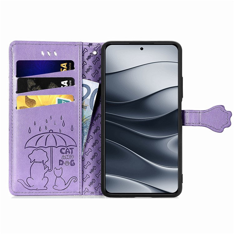 For Xiaomi Redmi Note 14 5G Case Leather Wallet Flip Phone Cover Cute Cat Dog Pattern - Light Purple