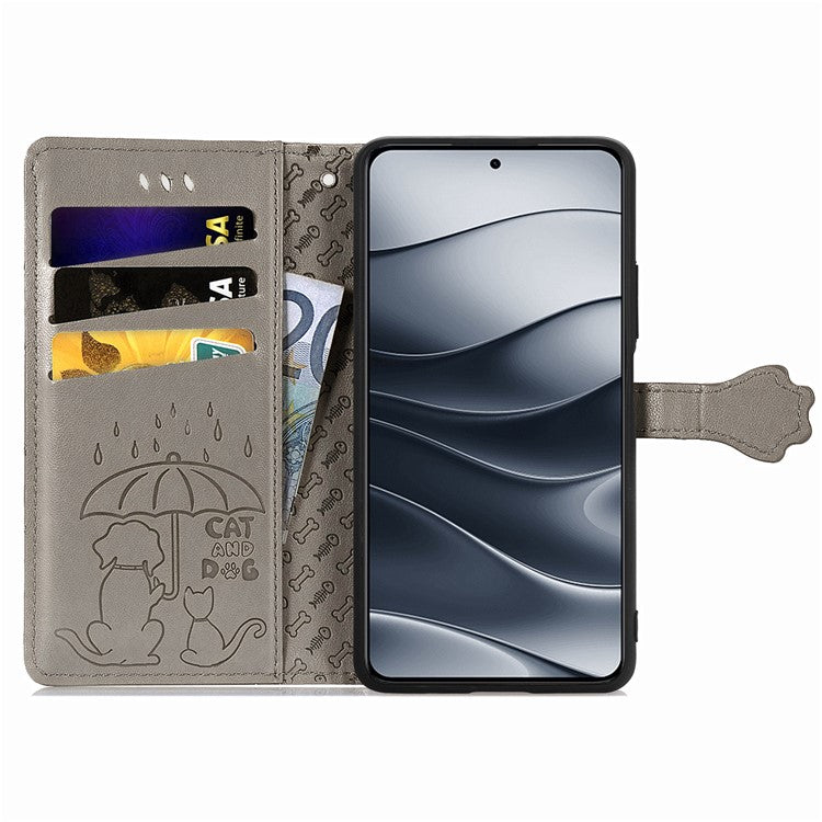 For Xiaomi Redmi Note 14 5G Case Leather Wallet Flip Phone Cover Cute Cat Dog Pattern - Grey