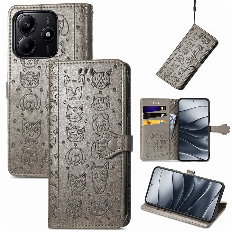 For Xiaomi Redmi Note 14 5G Case Leather Wallet Flip Phone Cover Cute Cat Dog Pattern - Grey