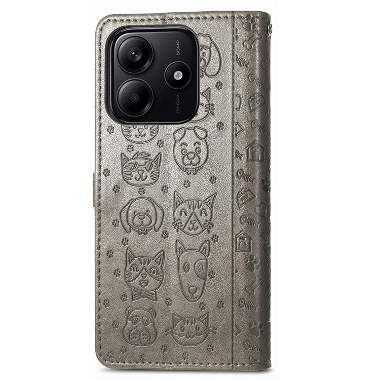 For Xiaomi Redmi Note 14 5G Case Leather Wallet Flip Phone Cover Cute Cat Dog Pattern - Grey