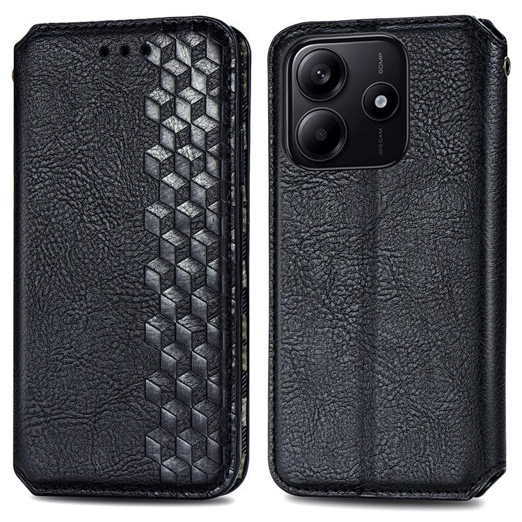 For Xiaomi Redmi Note 14 5G Case Rhombus Imprint PU Leather Wallet Phone Cover - Black
