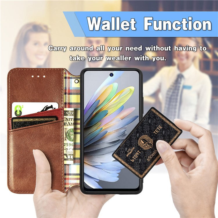 For Xiaomi Redmi Note 14 5G Case Rhombus Imprint PU Leather Wallet Phone Cover - Brown