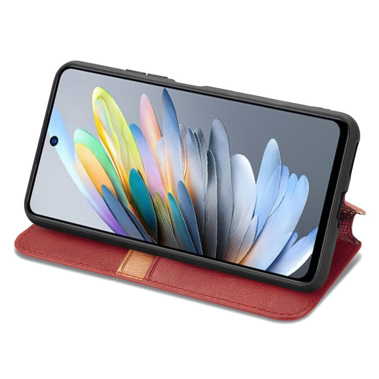 For Xiaomi Redmi Note 14 5G Case Rhombus Imprint PU Leather Wallet Phone Cover - Red