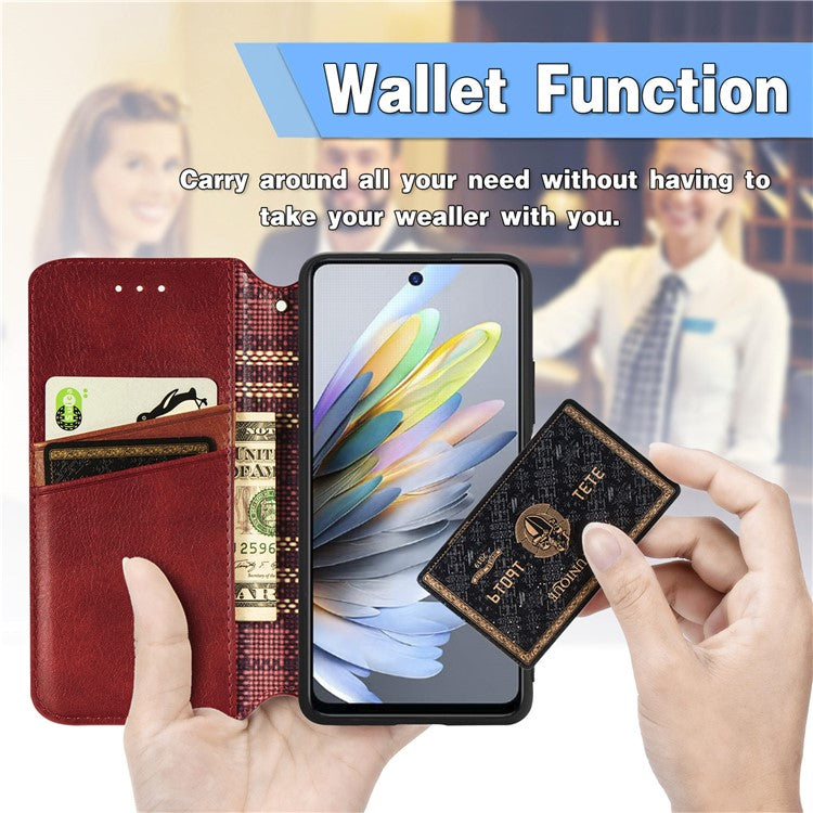 For Xiaomi Redmi Note 14 5G Case Rhombus Imprint PU Leather Wallet Phone Cover - Red