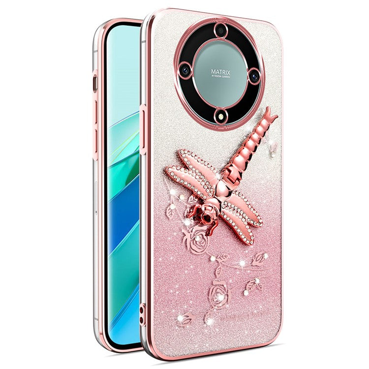 KADEM Case For Honor X40 5G / X9a 5G / Magic5 Lite 5G Dragonfly Kickstand TPU Flowers Glitter Phone Cover - Pink