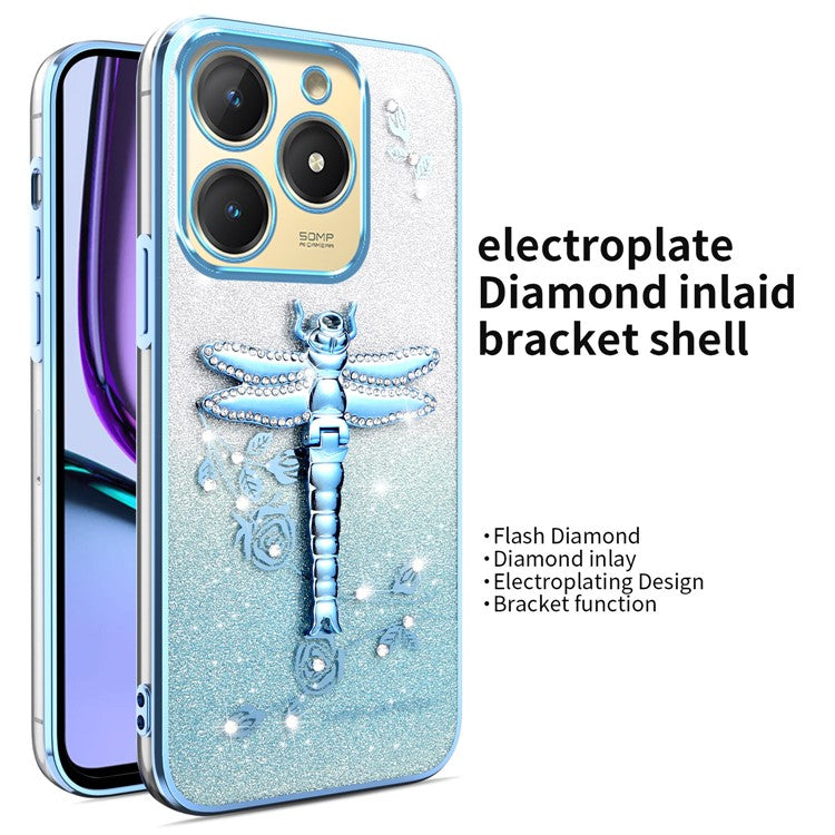 KADEM For Infinix Hot 40 Case Dragonfly Kickstand TPU Flowers Glitter Phone Cover - Blue