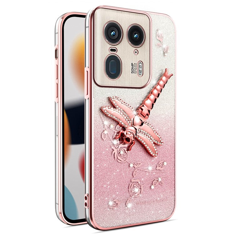 KADEM For Motorola Edge 50 Ultra 5G Case Dragonfly Kickstand TPU Flowers Glitter Phone Cover - Pink