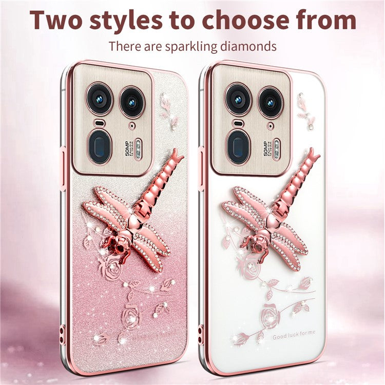 KADEM For Motorola Edge 50 Ultra 5G Case Dragonfly Kickstand TPU Flowers Glitter Phone Cover - Pink