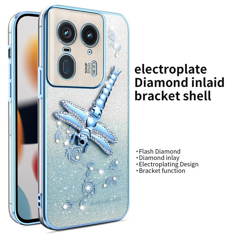 KADEM For Motorola Edge 50 Ultra 5G Case Dragonfly Kickstand TPU Flowers Glitter Phone Cover - Blue