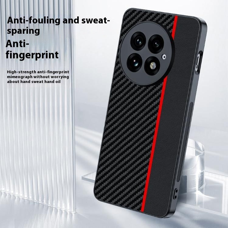 For OnePlus 13 Case Carbon Fiber Texture Ultra Slim PC Phone Cover - Black+Red