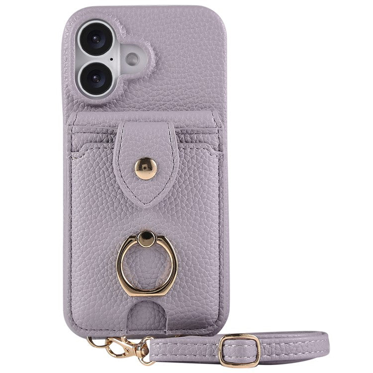 For iPhone 16 Case with Card Holder, Shoulder Strap PC+TPU Ring Kickstand Phone Back Cover - Purplish