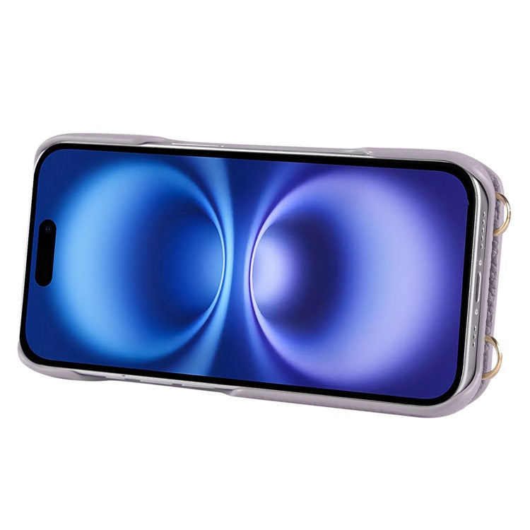 For iPhone 16 Case with Card Holder, Shoulder Strap PC+TPU Ring Kickstand Phone Back Cover - Purplish