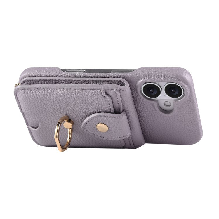 For iPhone 16 Case with Card Holder, Shoulder Strap PC+TPU Ring Kickstand Phone Back Cover - Purplish