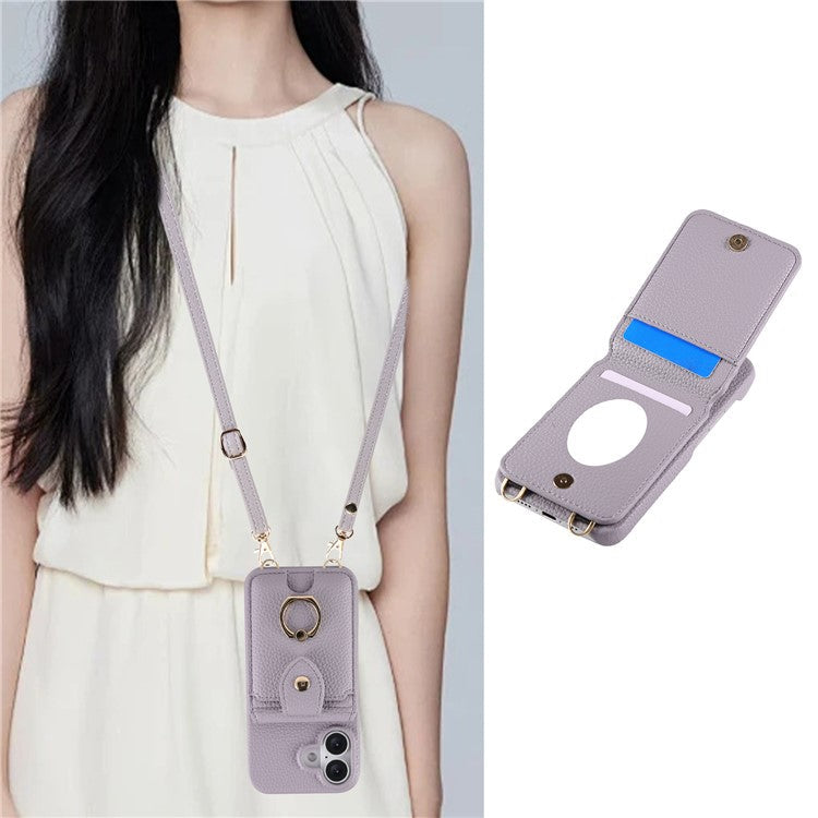 For iPhone 16 Case with Card Holder, Shoulder Strap PC+TPU Ring Kickstand Phone Back Cover - Purplish