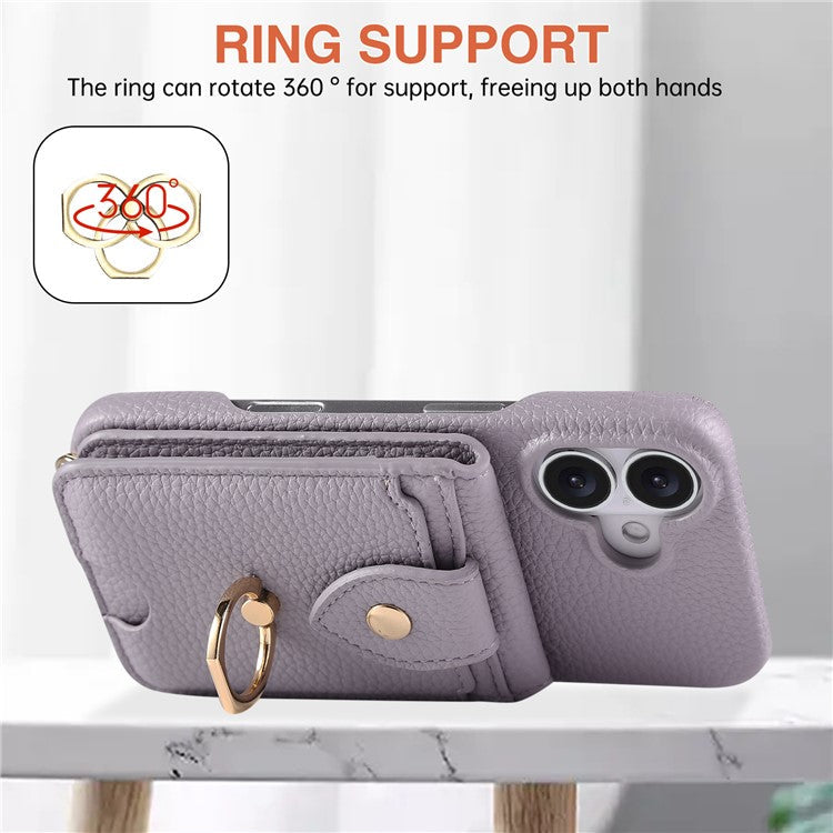 For iPhone 16 Case with Card Holder, Shoulder Strap PC+TPU Ring Kickstand Phone Back Cover - Purplish