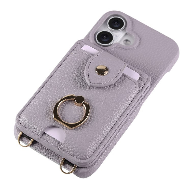 For iPhone 16 Case with Card Holder, Shoulder Strap PC+TPU Ring Kickstand Phone Back Cover - Purplish